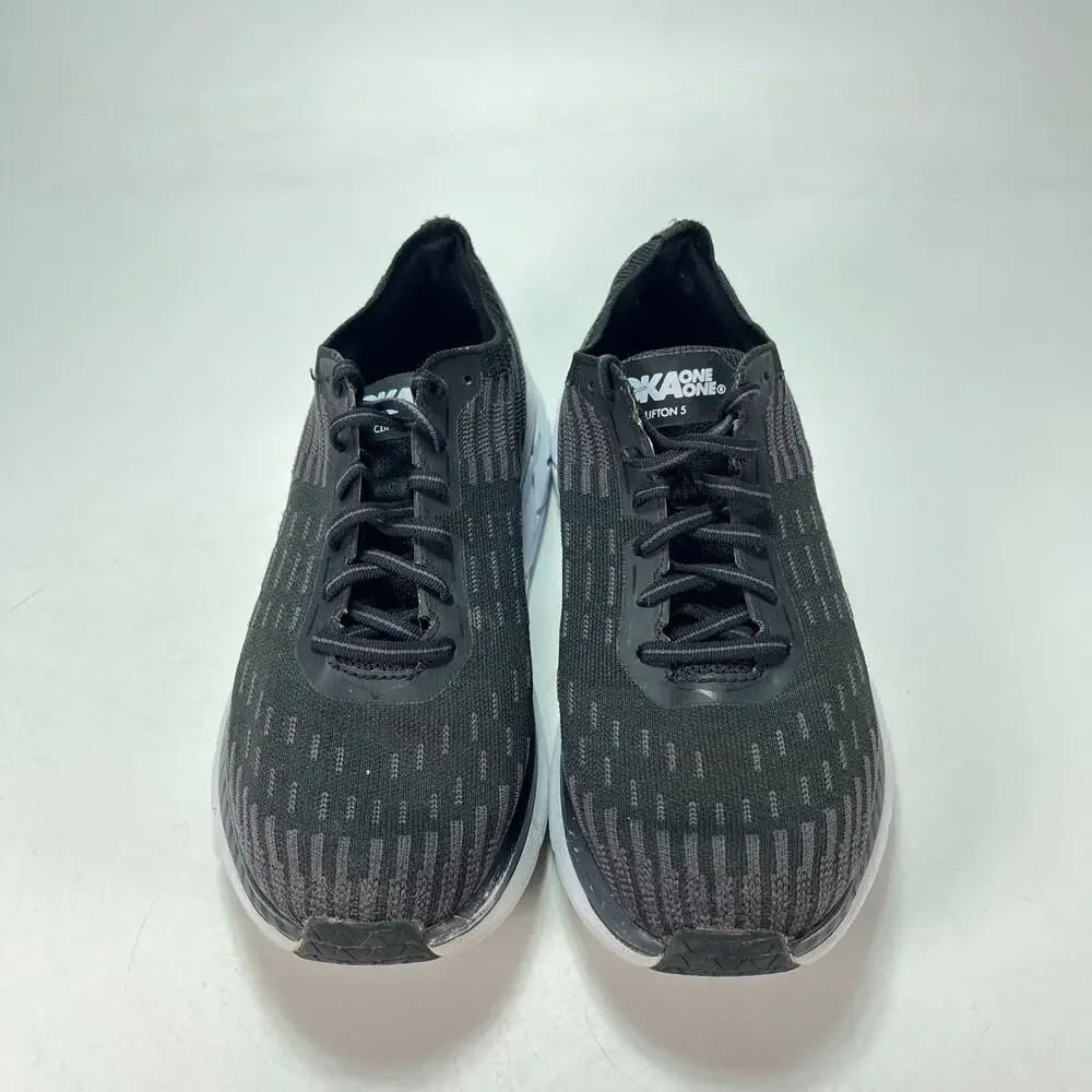 HOKA Clifton 5 Knit Black Gray Running Shoes Sneakers 1094309 BWHT Men's Size 8